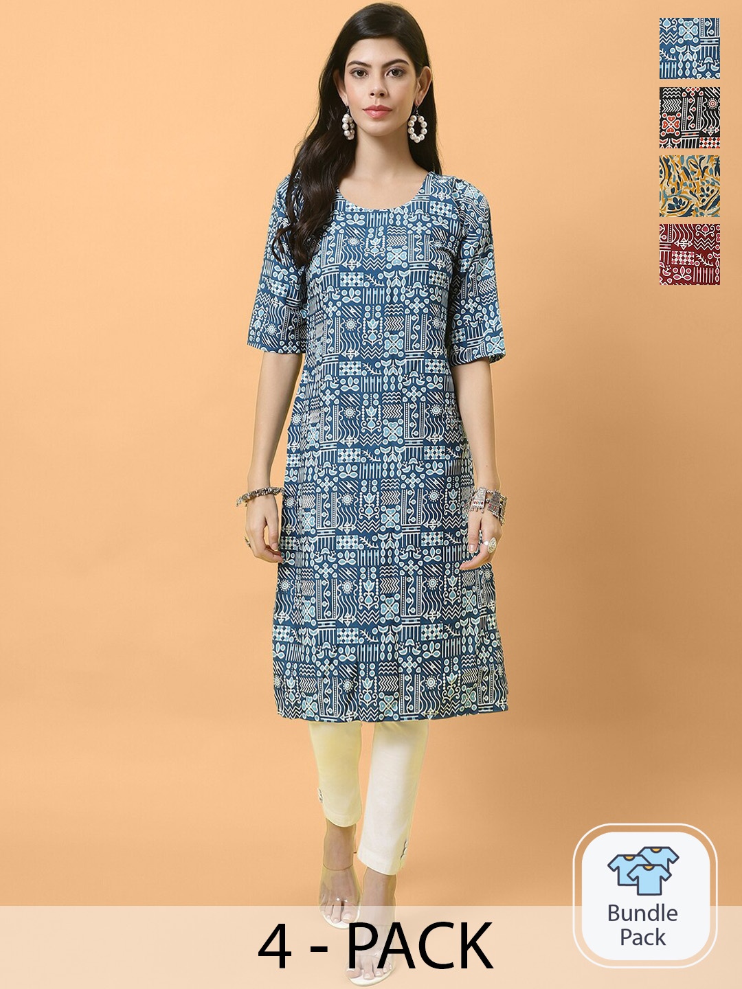

Ethnic basket Women Pack of 4 Ethnic Motifs Printed Crepe Kurta, Blue
