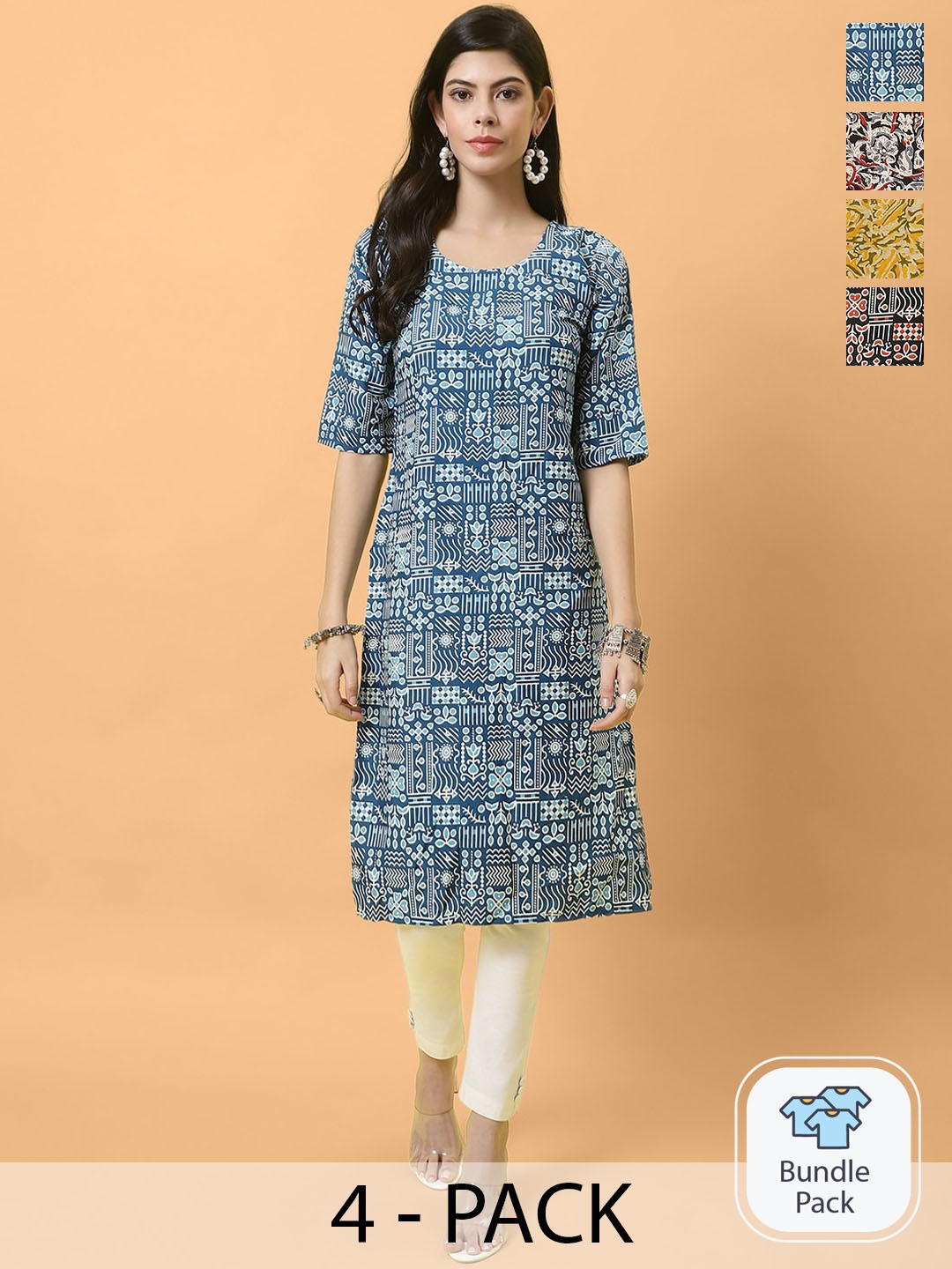

Ethnic basket Women Pack of 4 Ethnic Motifs Printed Crepe Kurta, Blue
