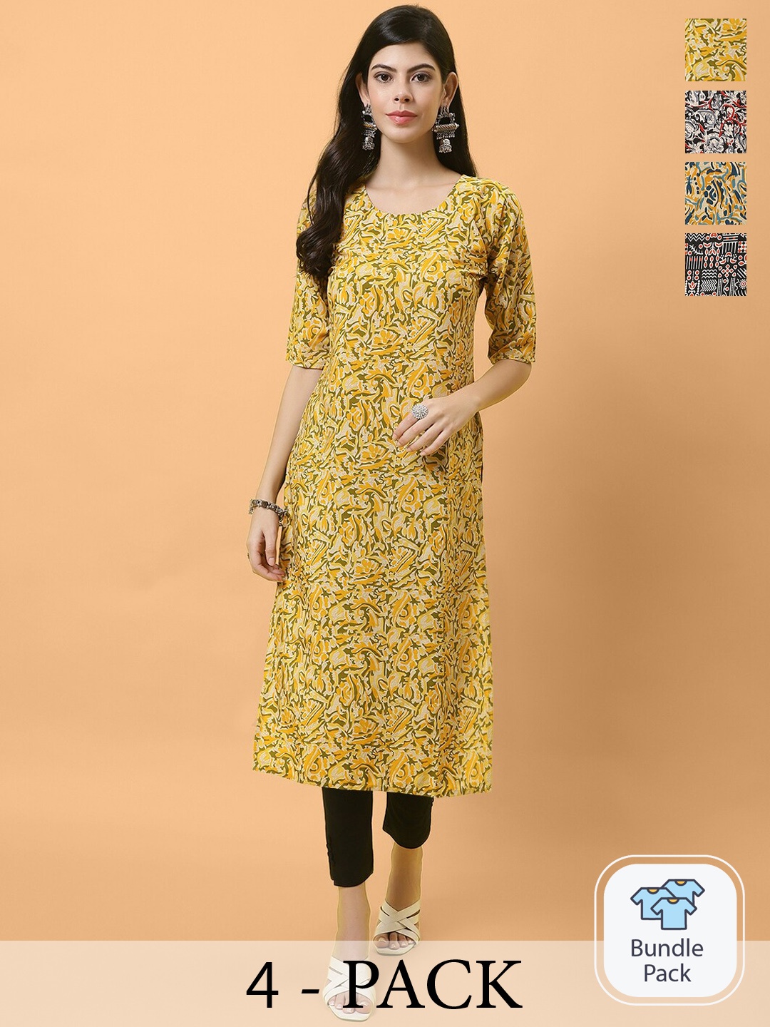 

Ethnic basket Selection Of 4 Floral Printed Crepe Kurta, Yellow