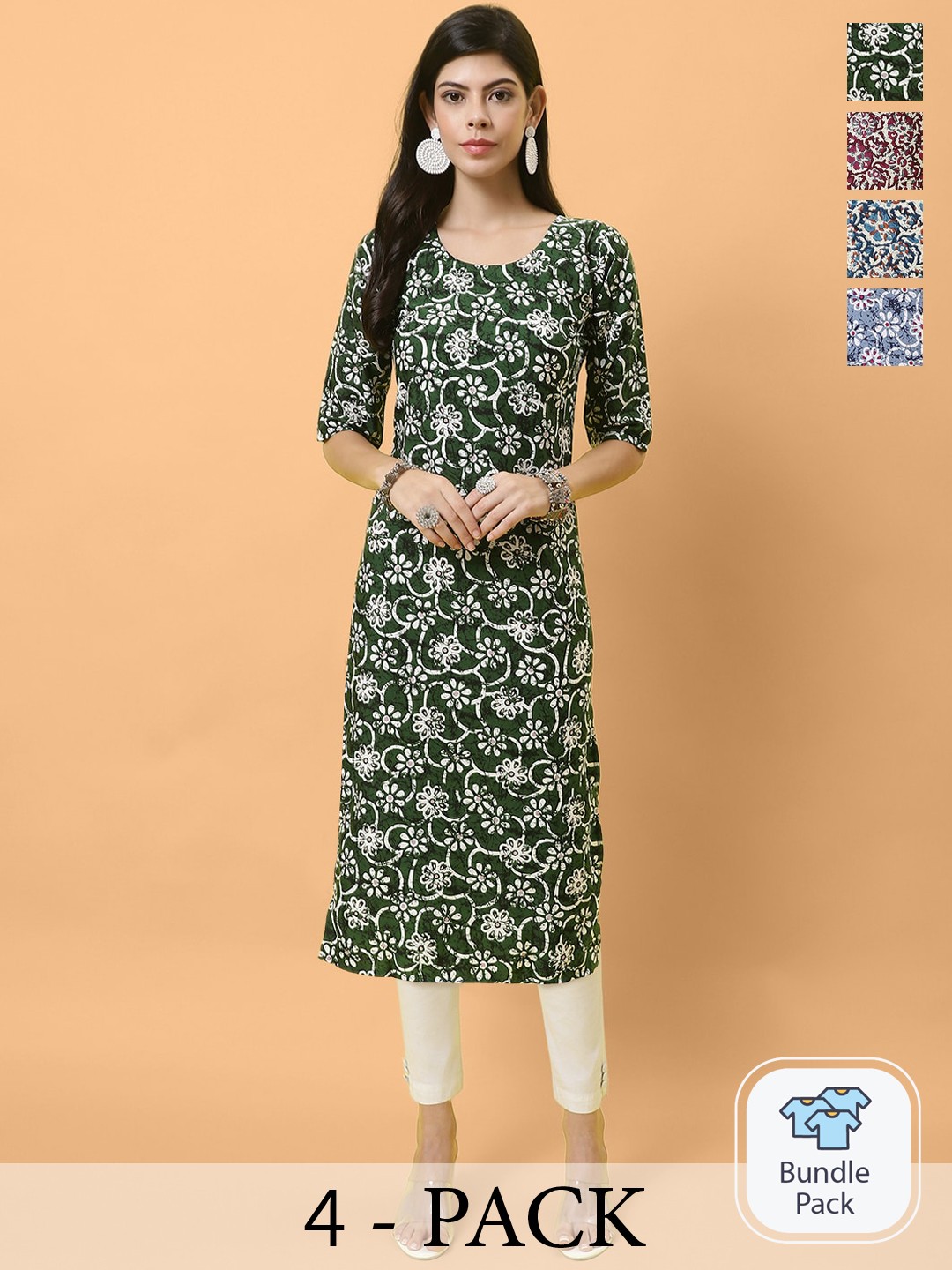 

Ethnic basket Women Pack of 4 Ethnic Motifs Printed Crepe Kurta, Green