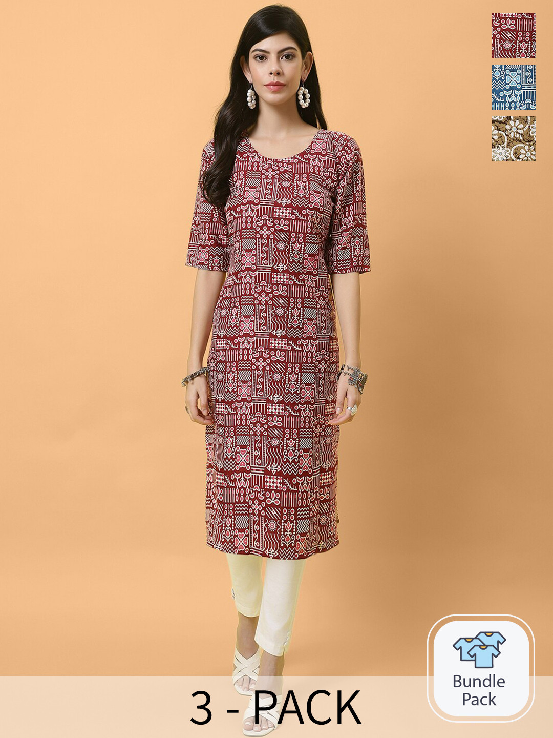 

Ethnic basket Selection Of 3 Ethnic Motifs Printed Crepe Kurta, Maroon