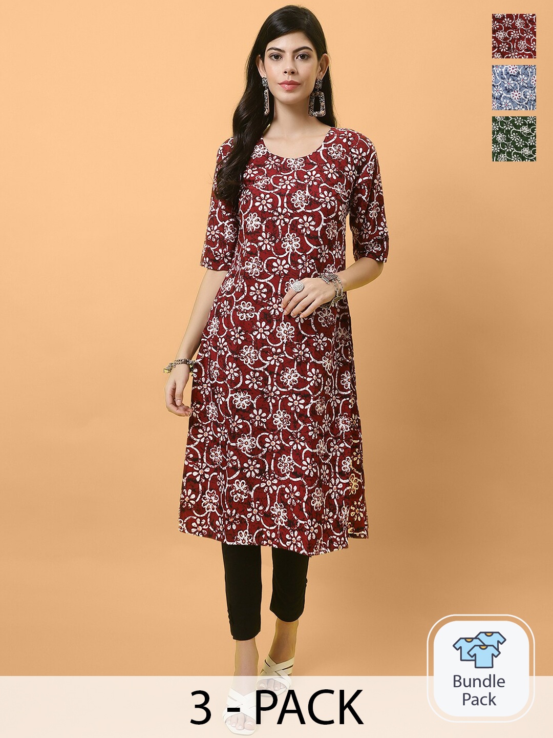 

Ethnic basket Women Pack of 3 Ethnic Motifs Printed Crepe Kurta, Red