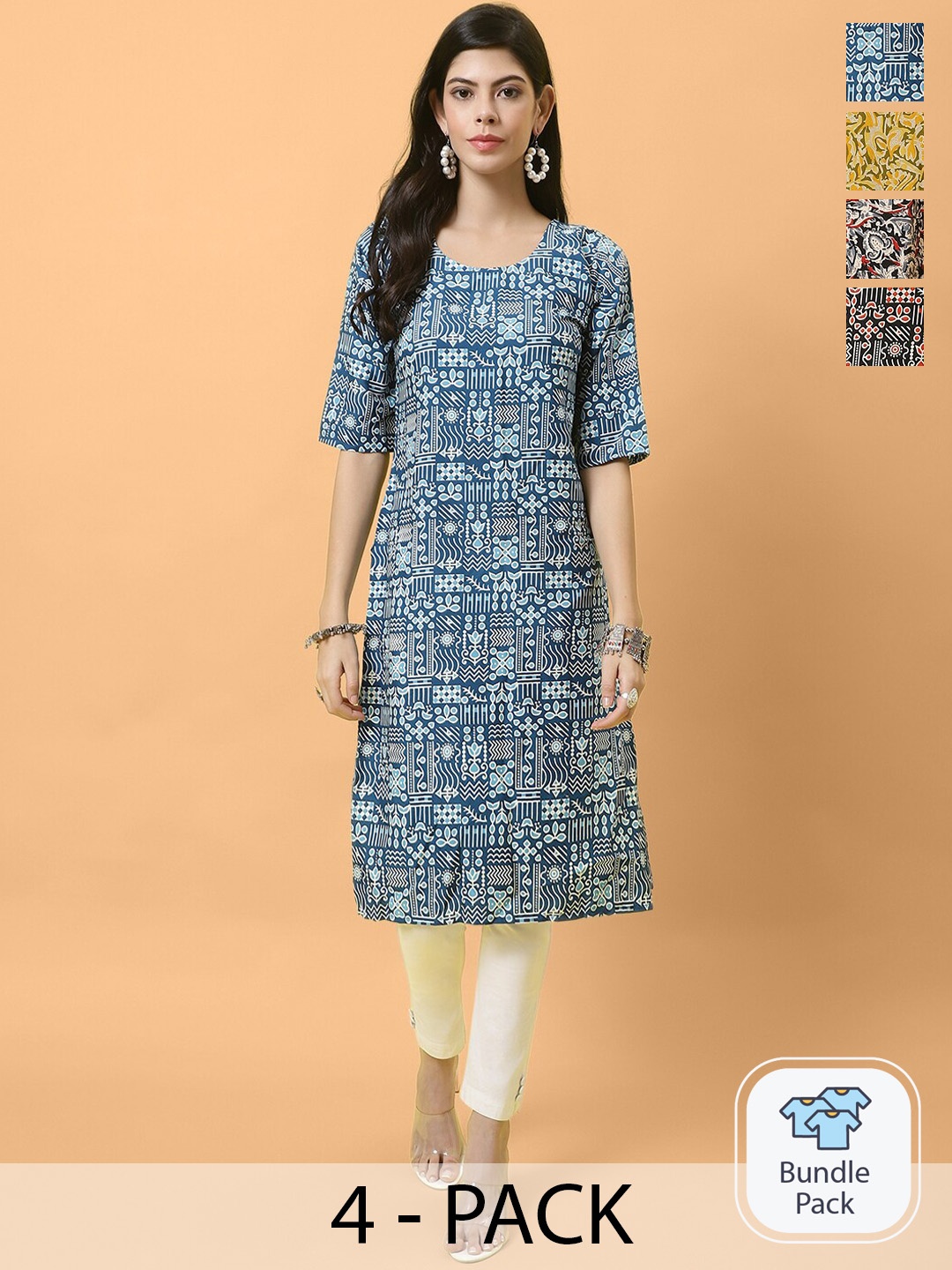 

Ethnic basket Pack of 4 Ethnic Motifs Printed Straight Kurta, Blue