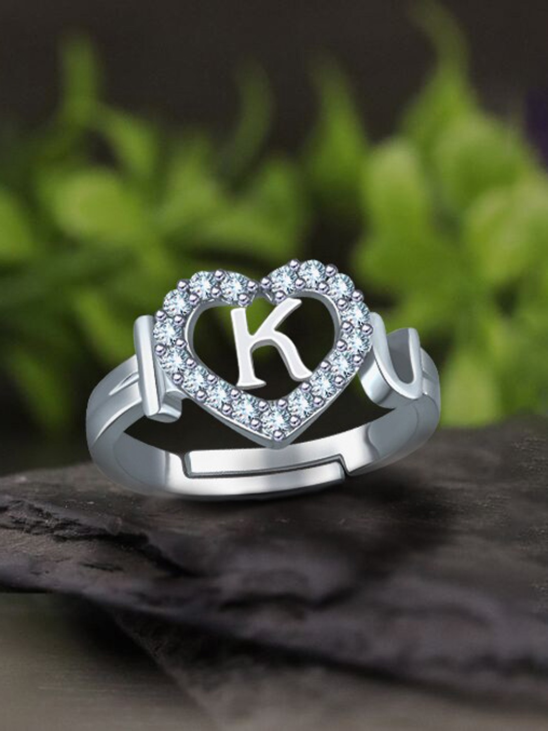 

MEENAZ Silver-Plated AD Studded Alphabet K Adjustable Ring