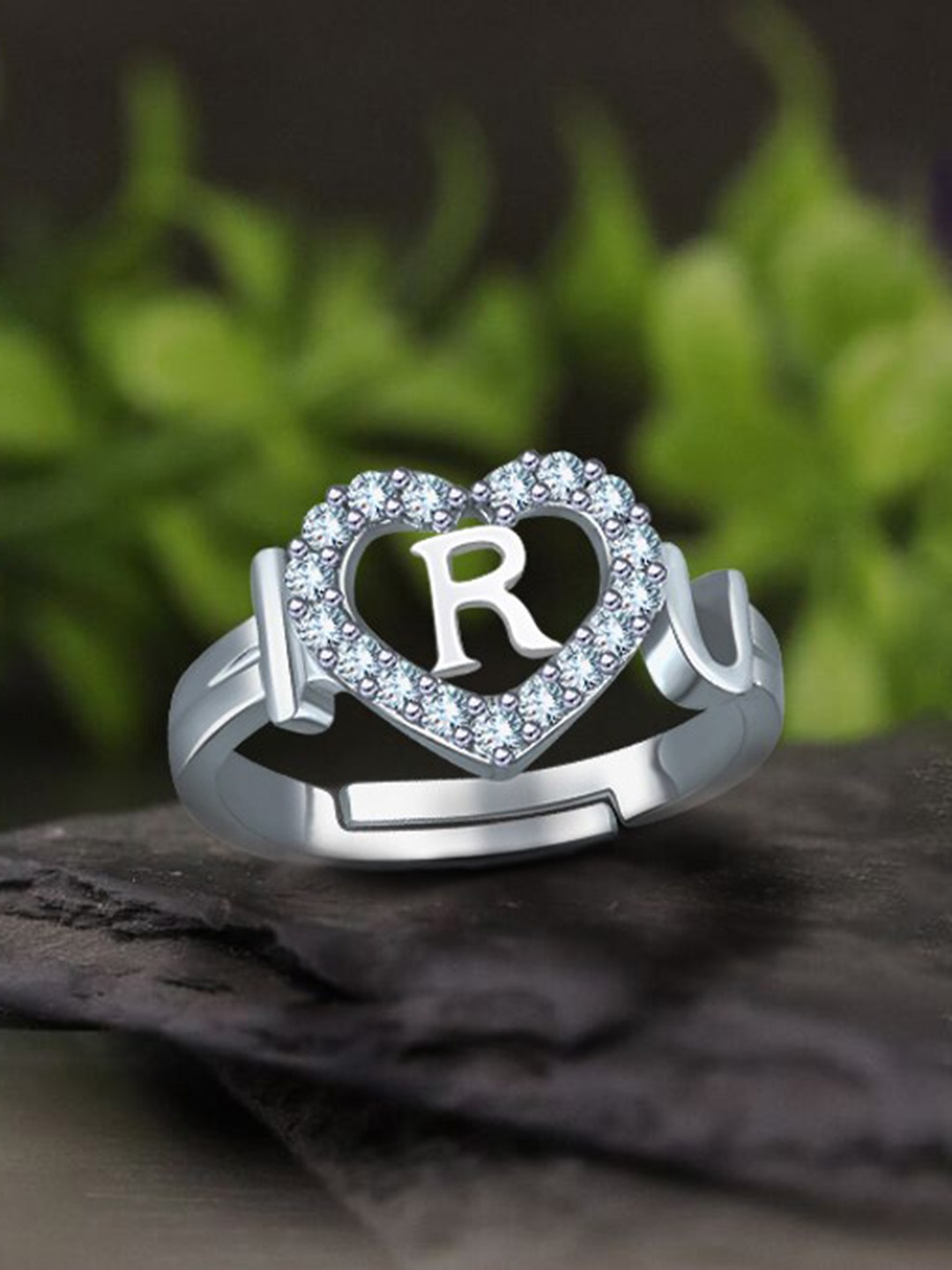 

MEENAZ Silver Plated American Diamond Studded Alphabet R Adjustable Ring