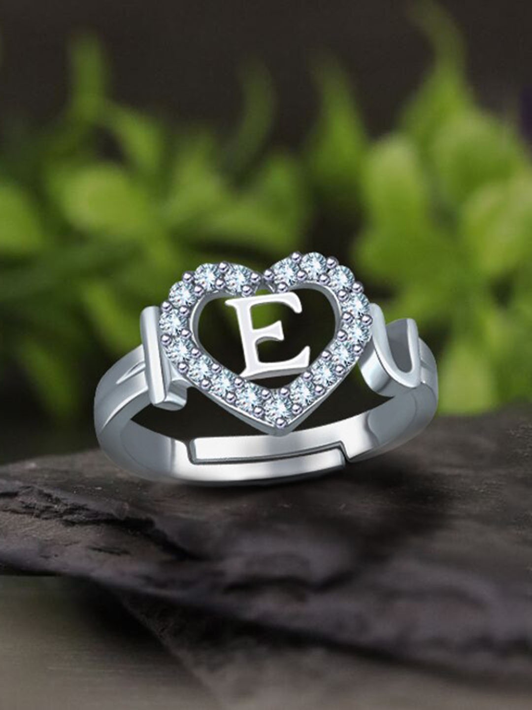 

MEENAZ Silver-Plated AD Studded Alphabet E Adjustable Ring