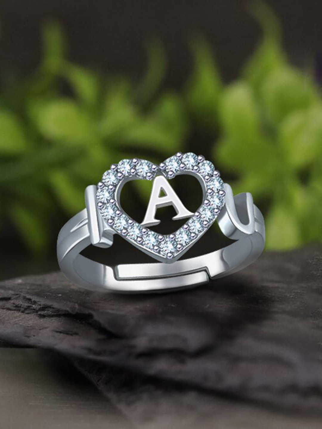 

MEENAZ Silver-Plated AD-Studded Alphabet A Adjustable Ring
