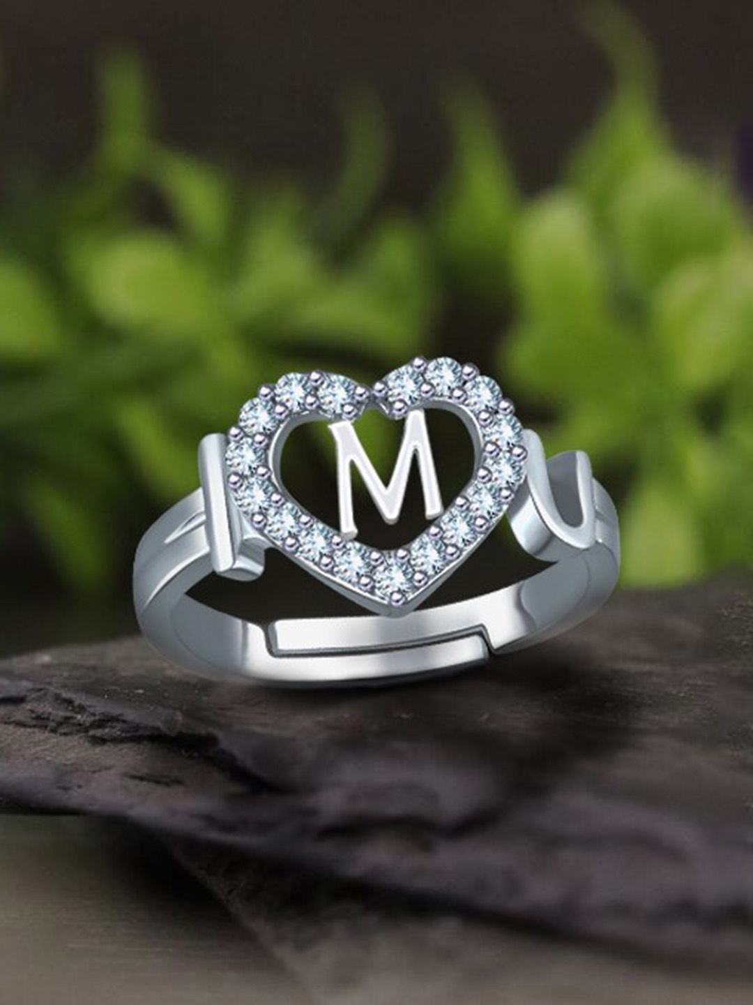 

MEENAZ Silver-Plated AD-Studded Alphabet M Adjustable Ring