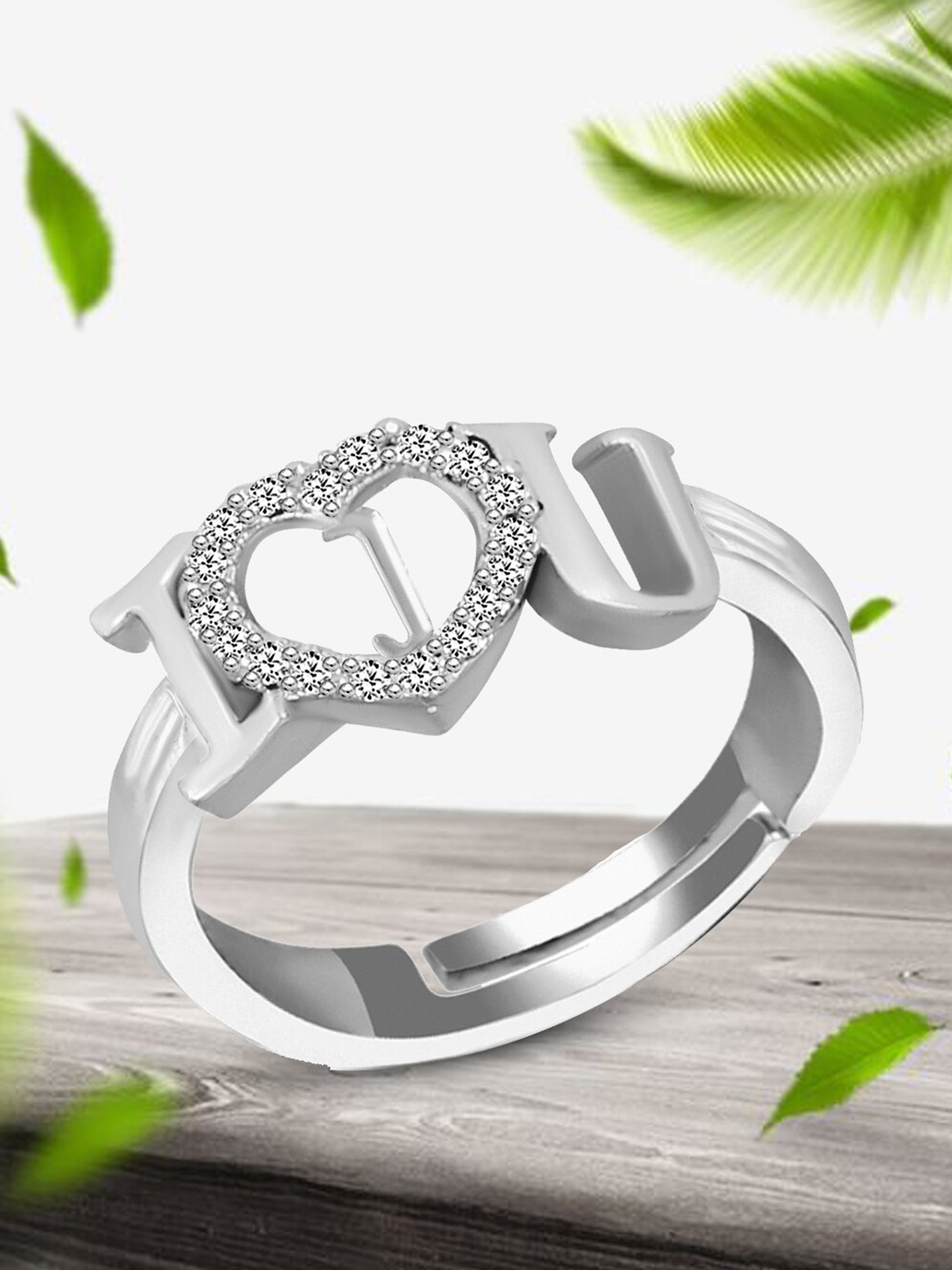 

MEENAZ Silver-Plated AD-Studded Alphabet J Adjustable Ring