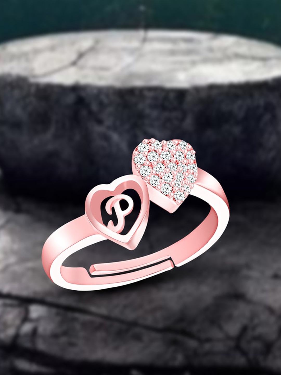

MEENAZ Rose Gold-Plated American Diamond-Studded Alphabet P Adjustable Ring