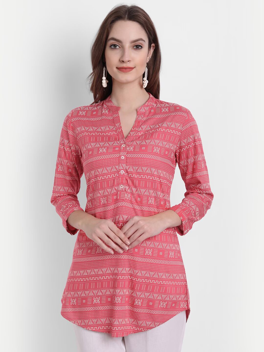 

SUTI Print Mandarin Collar High Low Top, Coral