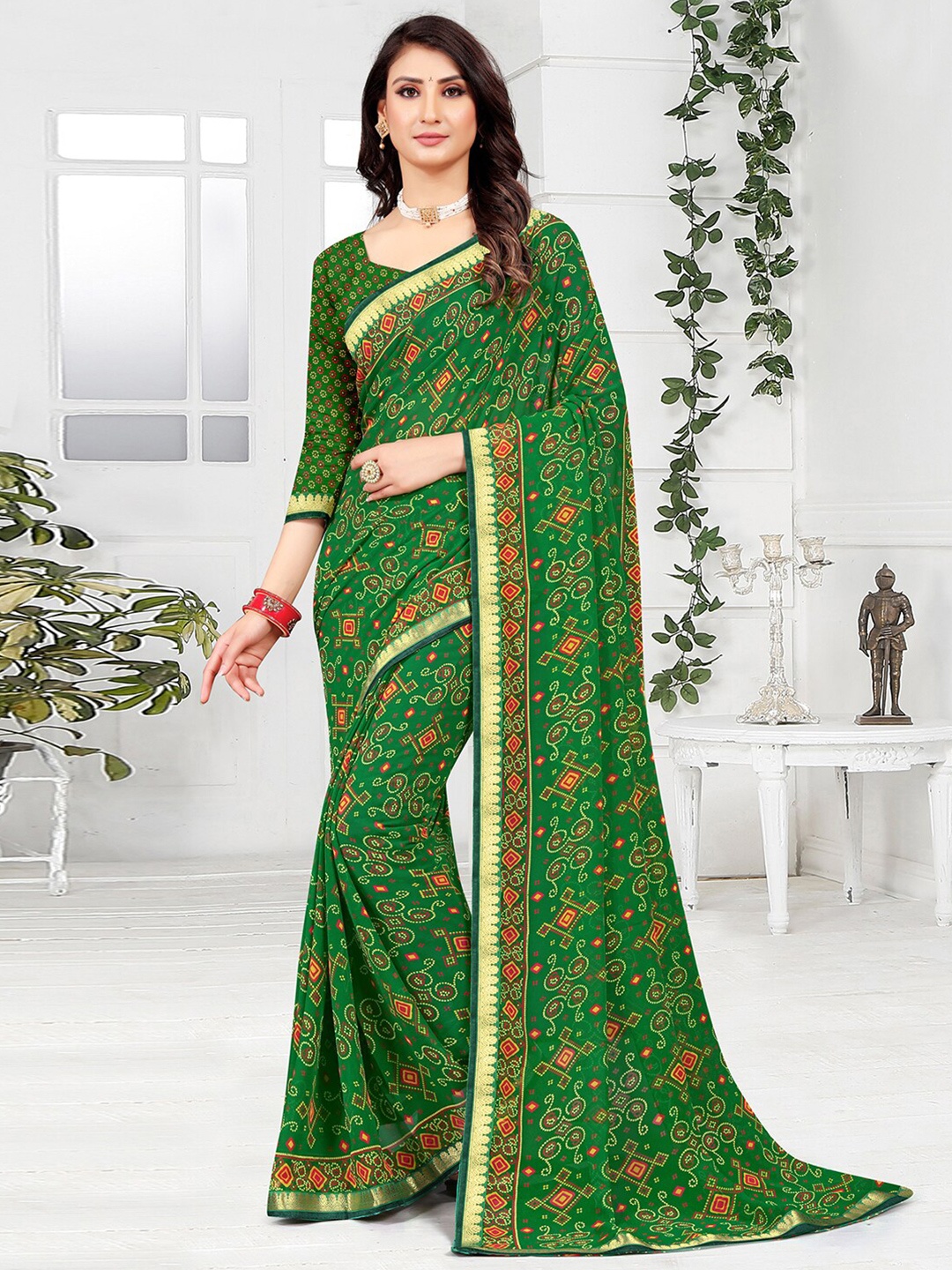 

Mitera Bandhani Printed Zari Bandhani Saree, Green