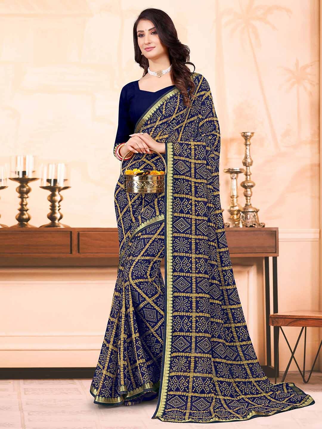 

Mitera Navy Blue & Yellow Bandhani Printed Zari Saree