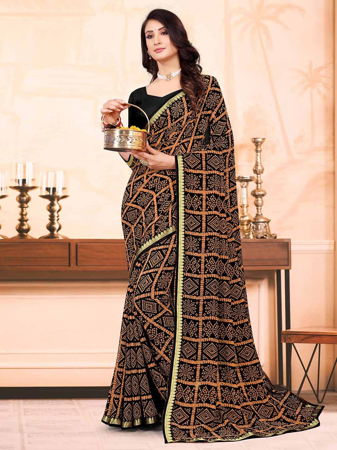 

Mitera Black & Orange Bandhani Printed Saree
