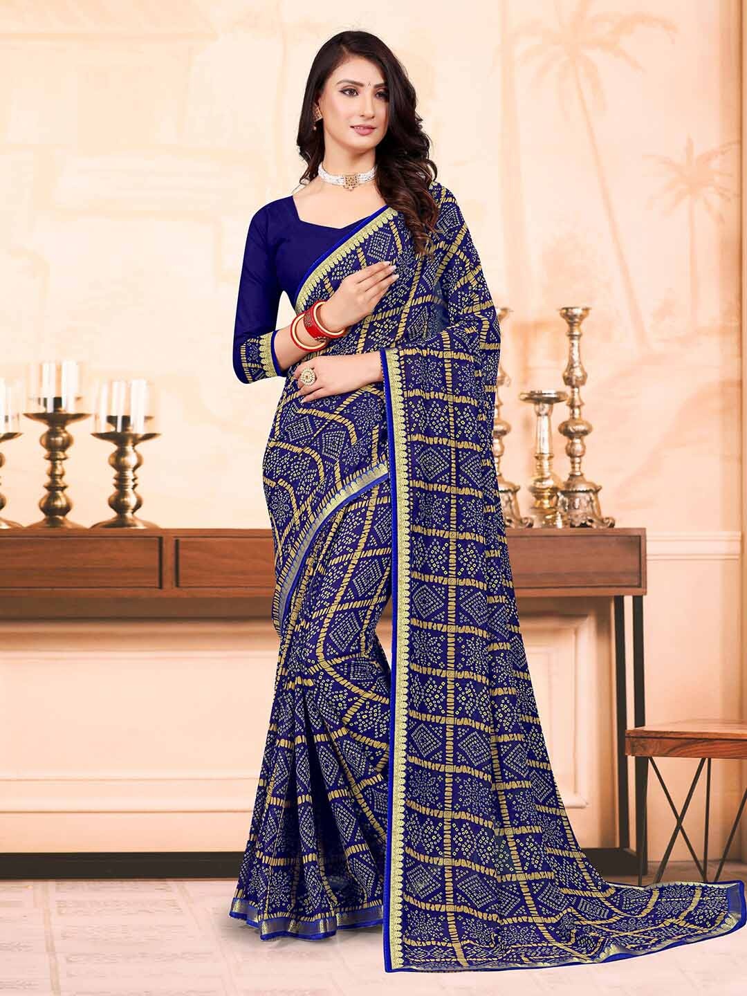 

Mitera Blue & Brown Bandhani Printed Zari Saree