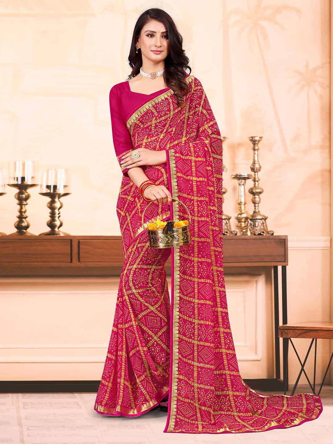 

Mitera Pink & Gold-Toned Bandhani Printed Zari Poly Georgette Bandhani Saree
