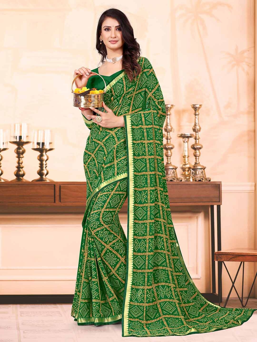 

Mitera Bandhani Printed Poly Georgette Bandhani Saree, Green