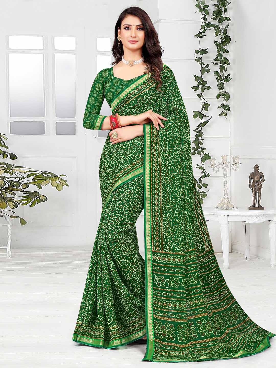 

Mitera Green & Red Bandhani Printed Zari Poly Georgette Bandhani Saree