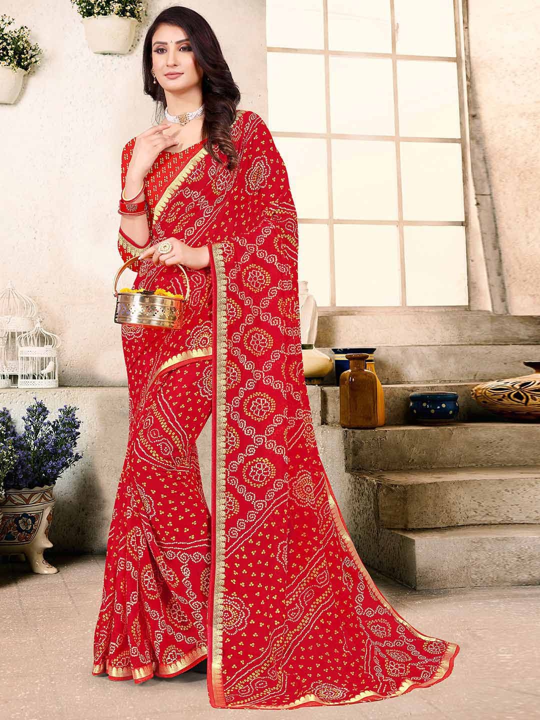 

Mitera Red & White Bandhani Printed Poly Georgette Bandhani Saree