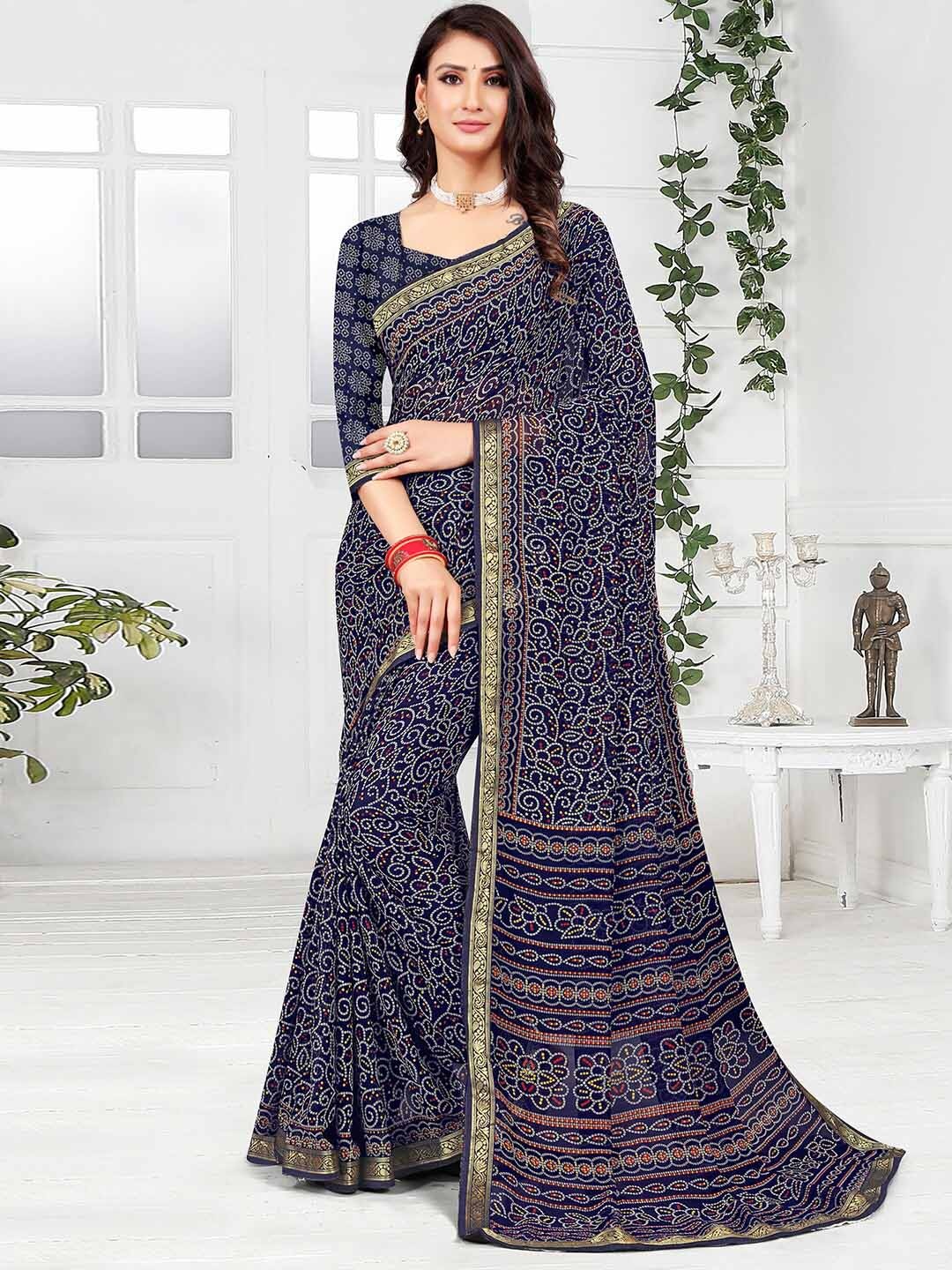 

Mitera Navy Blue & Red Bandhani Printed Zari Poly Georgette Bandhani Saree