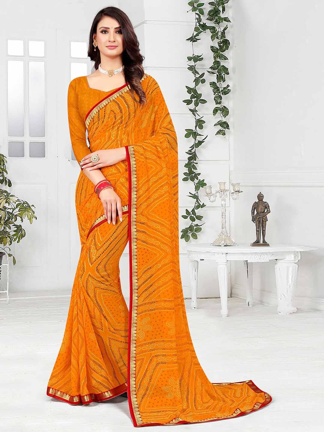 

Mitera Yellow & Gold-Toned Bandhani Printed Zari Bandhani Saree