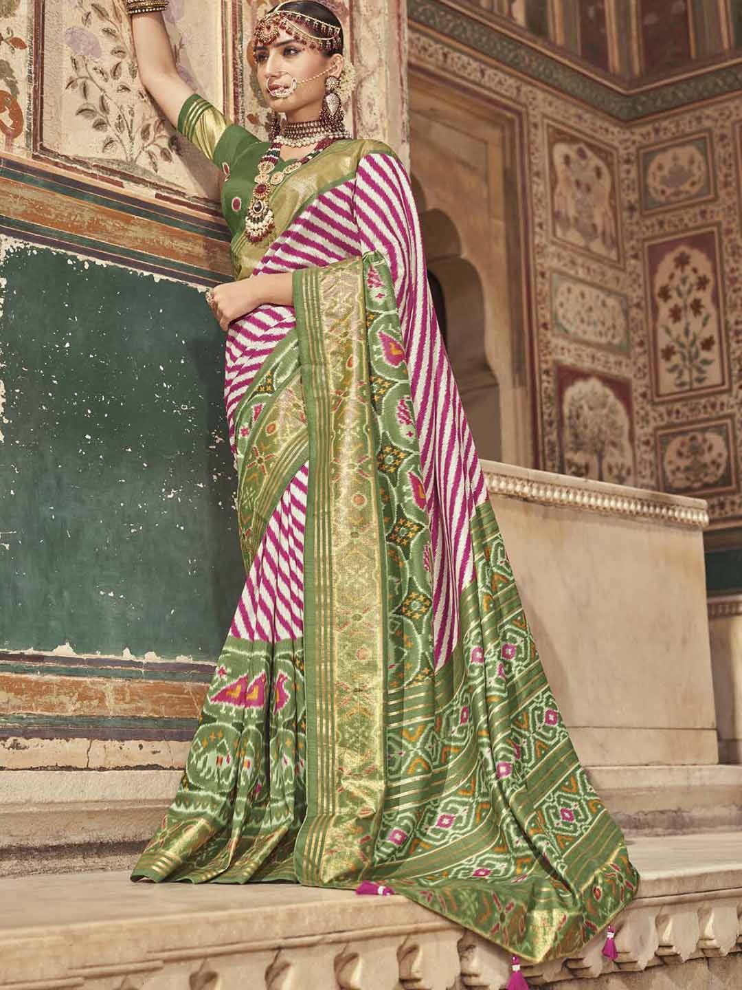 

Mitera Ethnic Motifs Ikkat Printed Zari Patola Saree, Pink