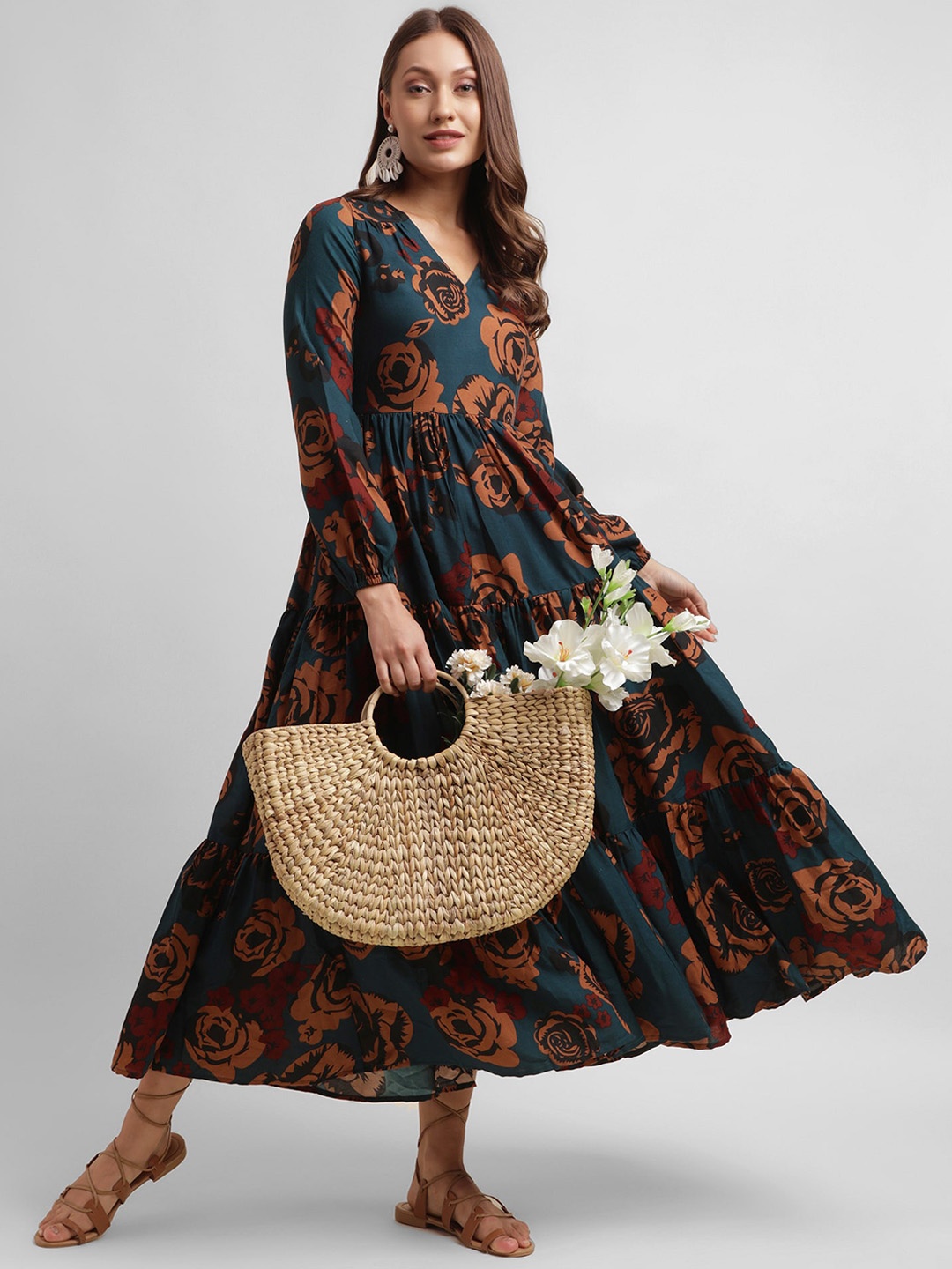 

KALINI Floral Printed V-Neck Fit & Flare MIdi Tiered Ethnic Dress, Navy blue