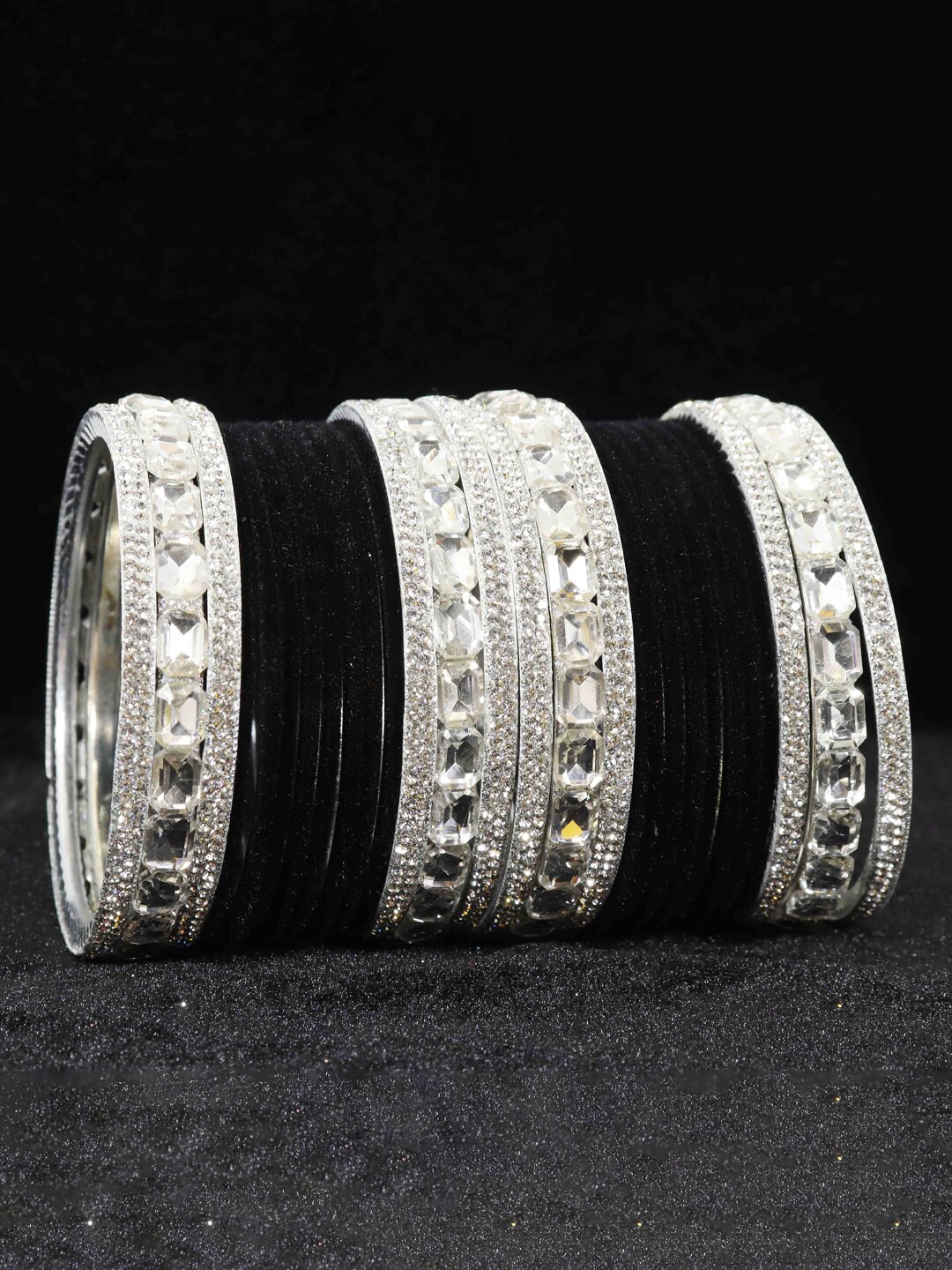 

NMII Set Of 28 Zircon Gemstone-Studded Velvet Bangles, Silver