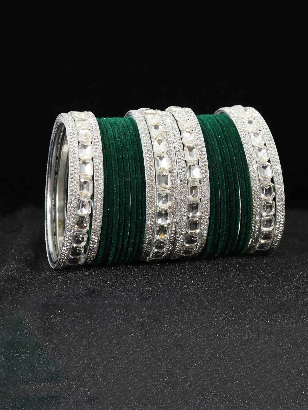 

NMII Set Of 28 Zircon Gemstone-studded Velvet Bangles, Green