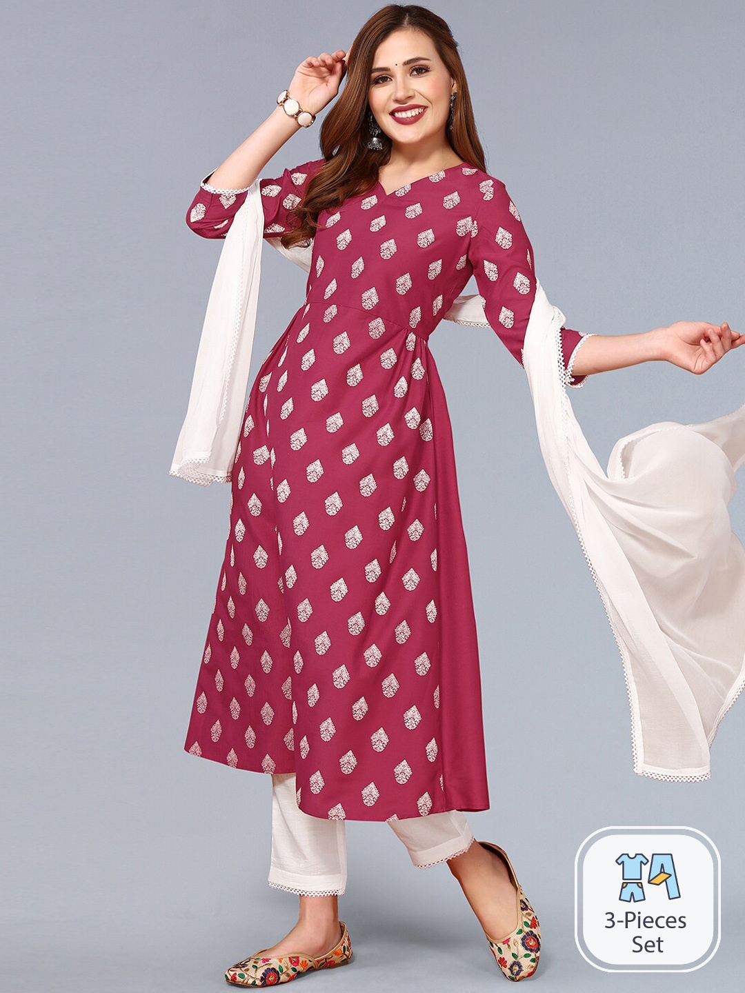 

KALINI Ethnic Motifs Printed V-Neck Pleated A-Line Kurta & Trousers with Dupatta, Pink