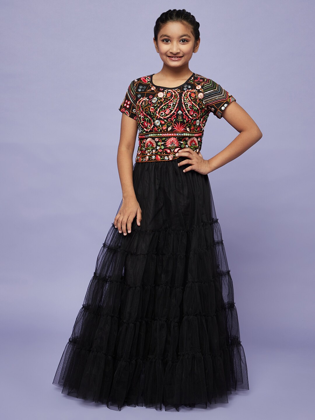 

Aks Kids Girls Embroidered Ready To Wear Lehenga & Choli, Black