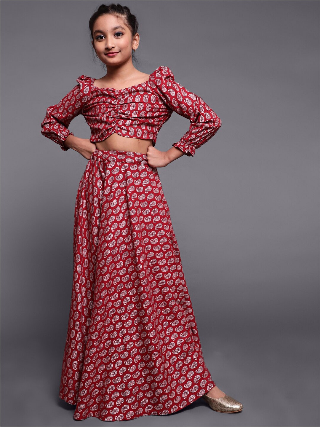 

Aks Kids Girls Printed Ready To Wear Lehenga & Choli, Maroon