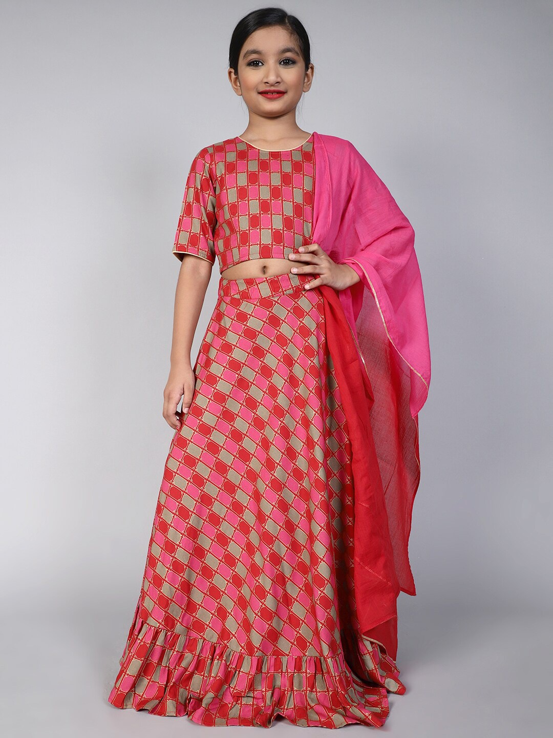 

Aks Kids Girls Printed Ready To Wear Lehenga & Blouse With Dupatta, Red