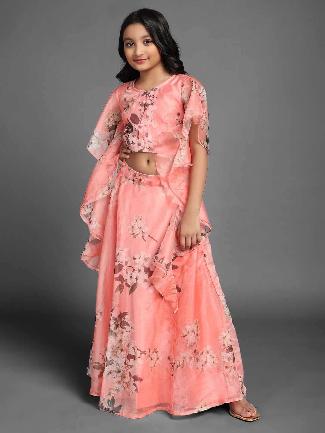 

Aks Kids Girls Printed Ready To Wear Lehenga & Choli, Peach