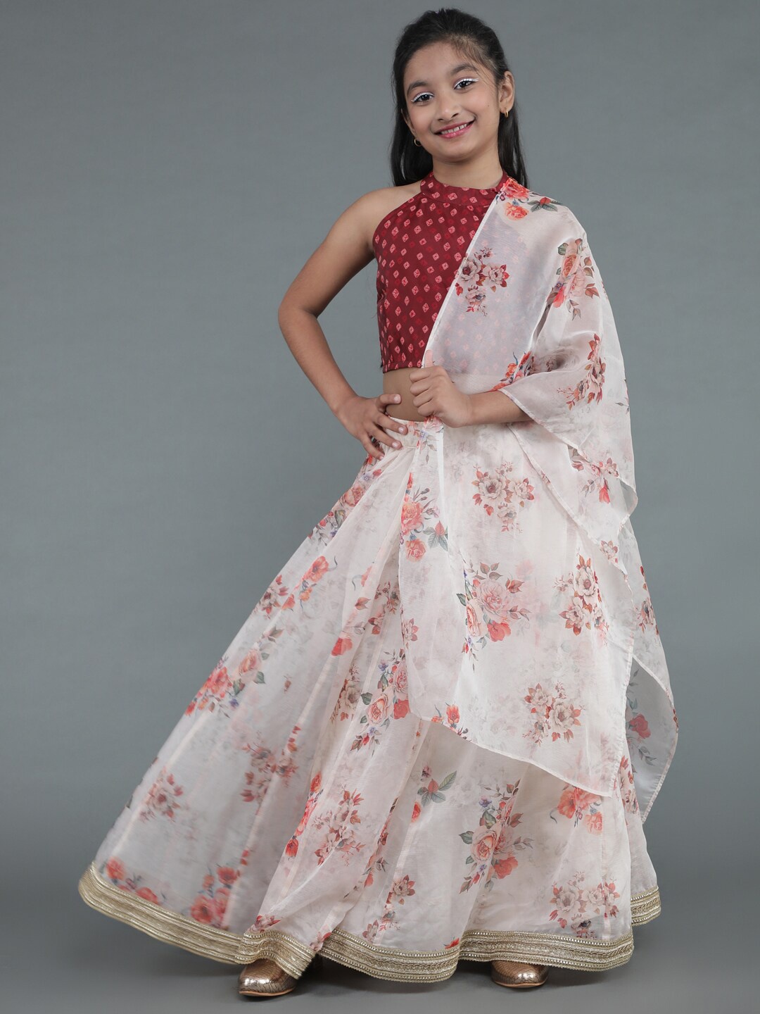 

Aks Kids Girls Ethnic Motifs Printed Ready to Wear Organza Lehenga & Blouse With Dupatta, Red