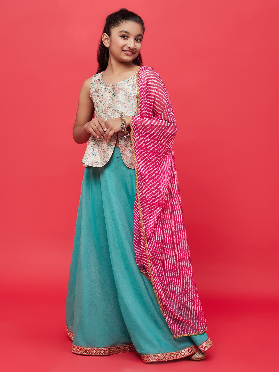 

Aks Kids Girls Printed Ready To Wear Lehenga & Blouse With Dupatta, Sea green