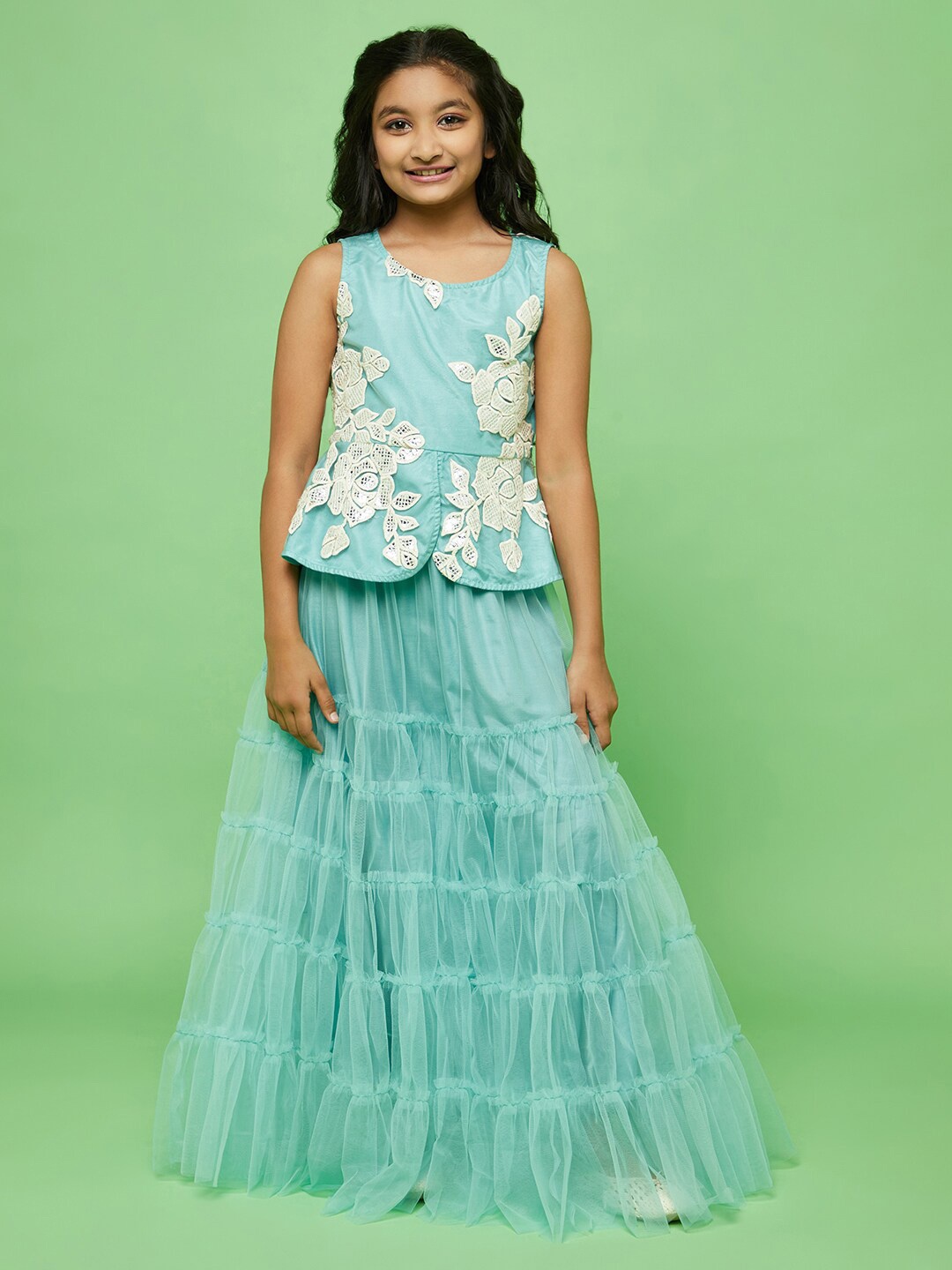 

Aks Kids Girls Embroidered Patchwork Ready To Wear Lehenga & Choli, Turquoise blue