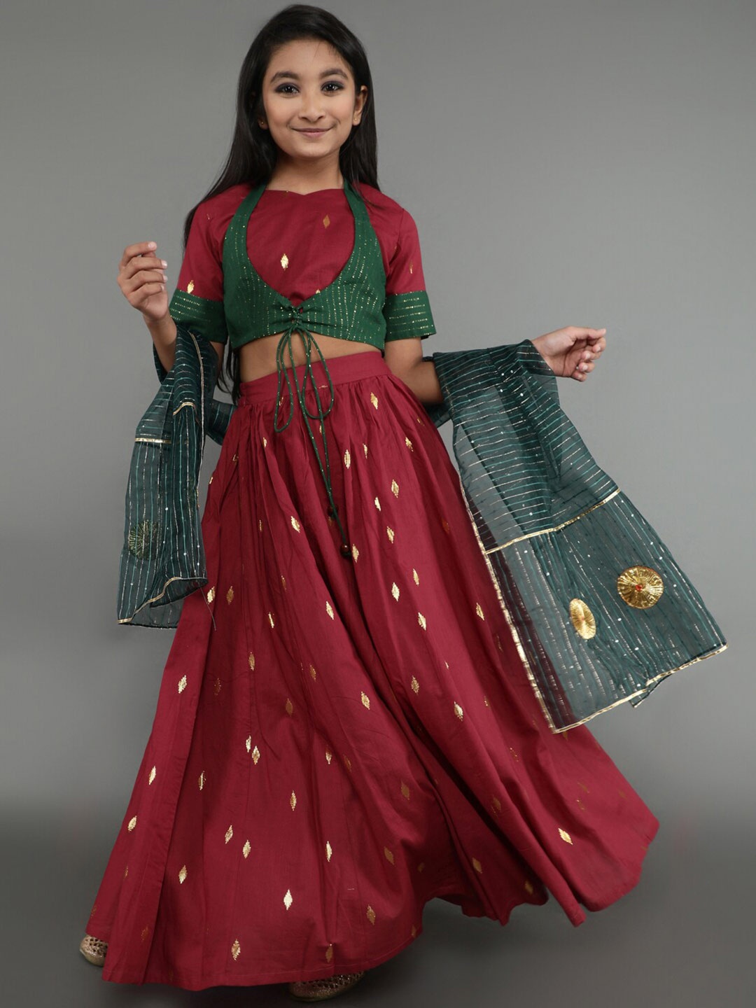 

Aks Kids Girls Ready to Wear Cotton Lehenga & Blouse With Dupatta, Maroon