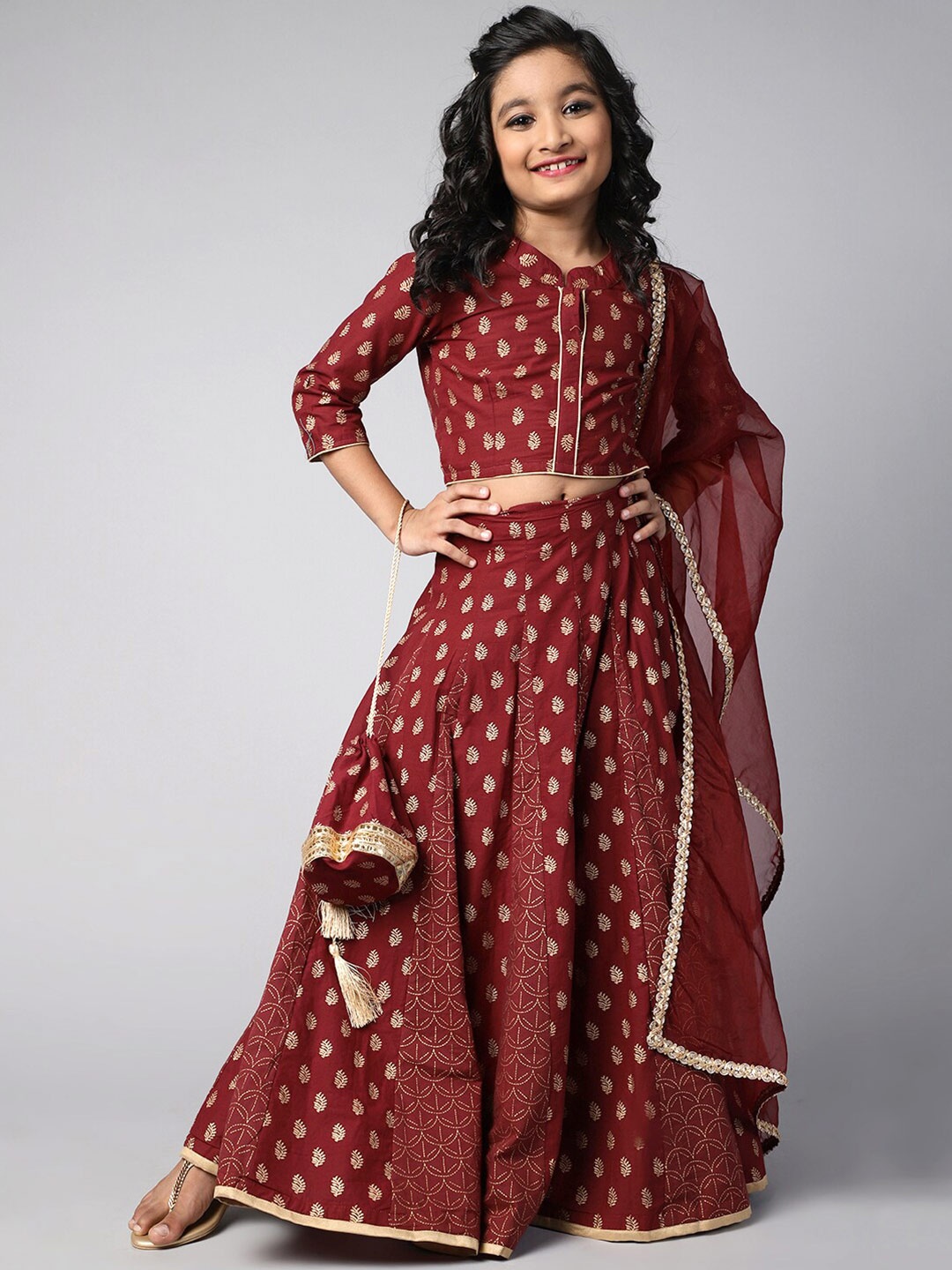 

Aks Kids Girls Printed Ready To Wear Lehenga & Blouse With Dupatta, Maroon