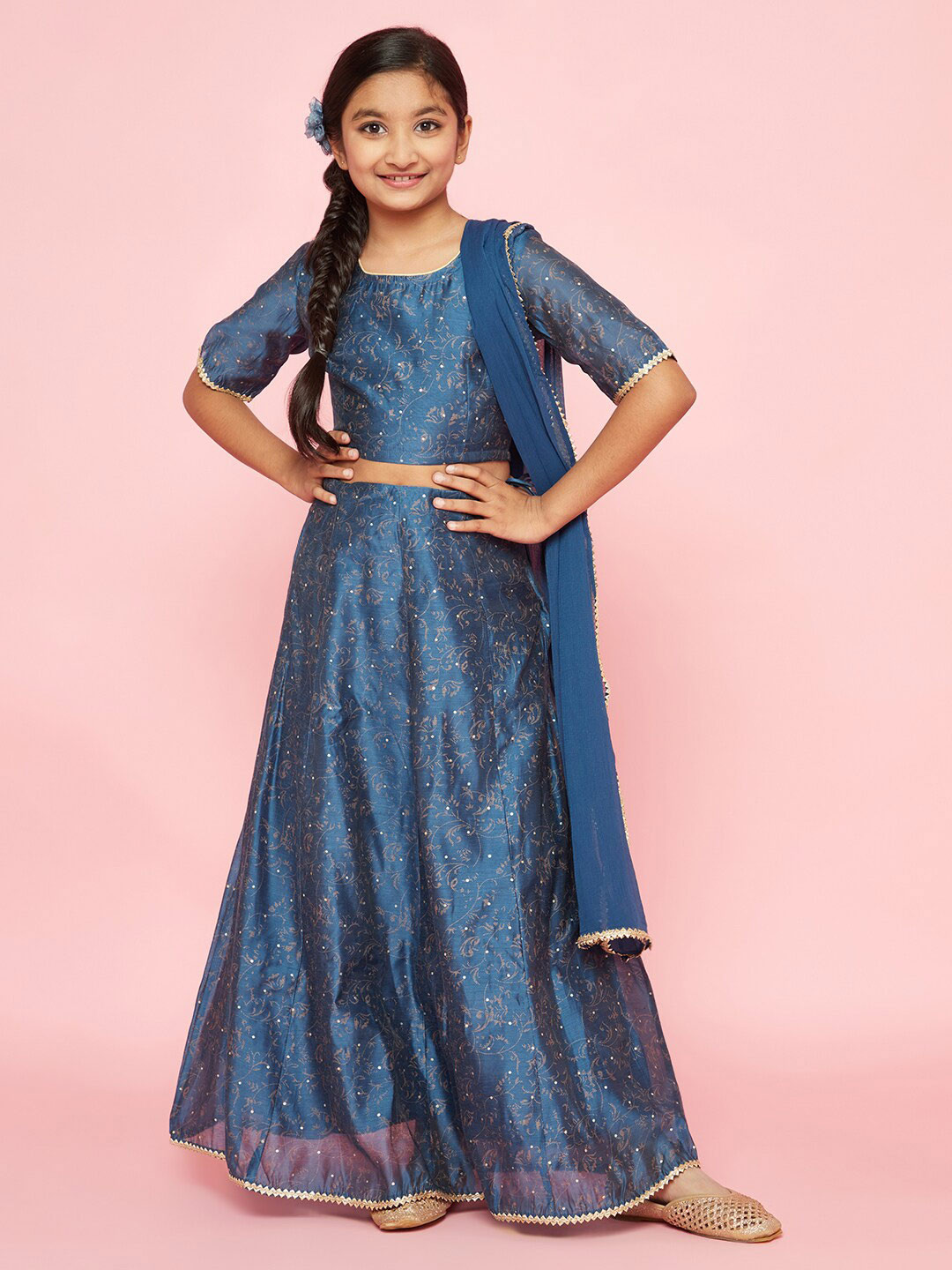 

Aks Kids Girls Printed Ready To Wear Lehenga & Blouse With Dupatta, Blue