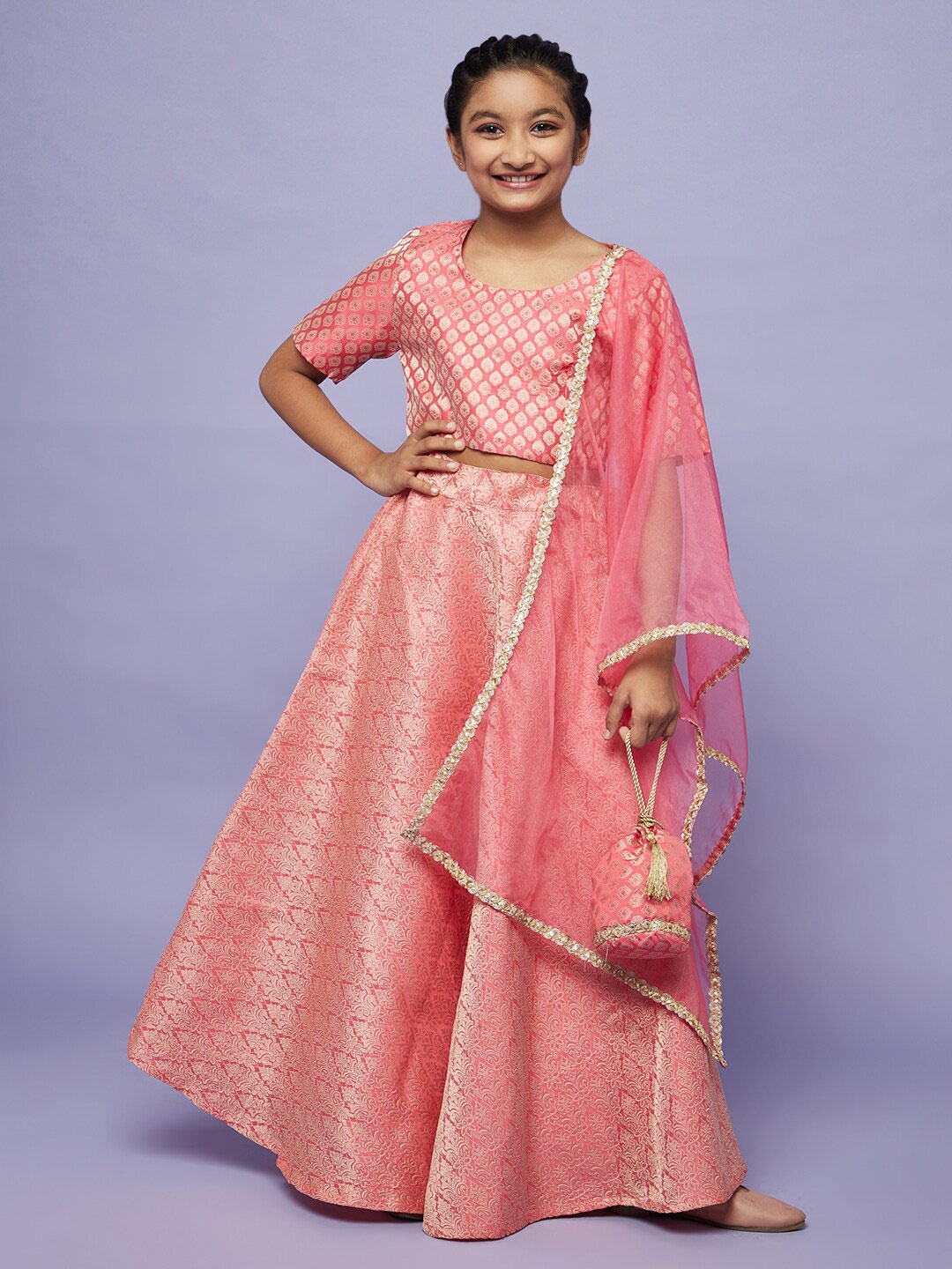 

Aks Kids Girls Ready To Wear Lehenga & Blouse With Dupatta, Peach