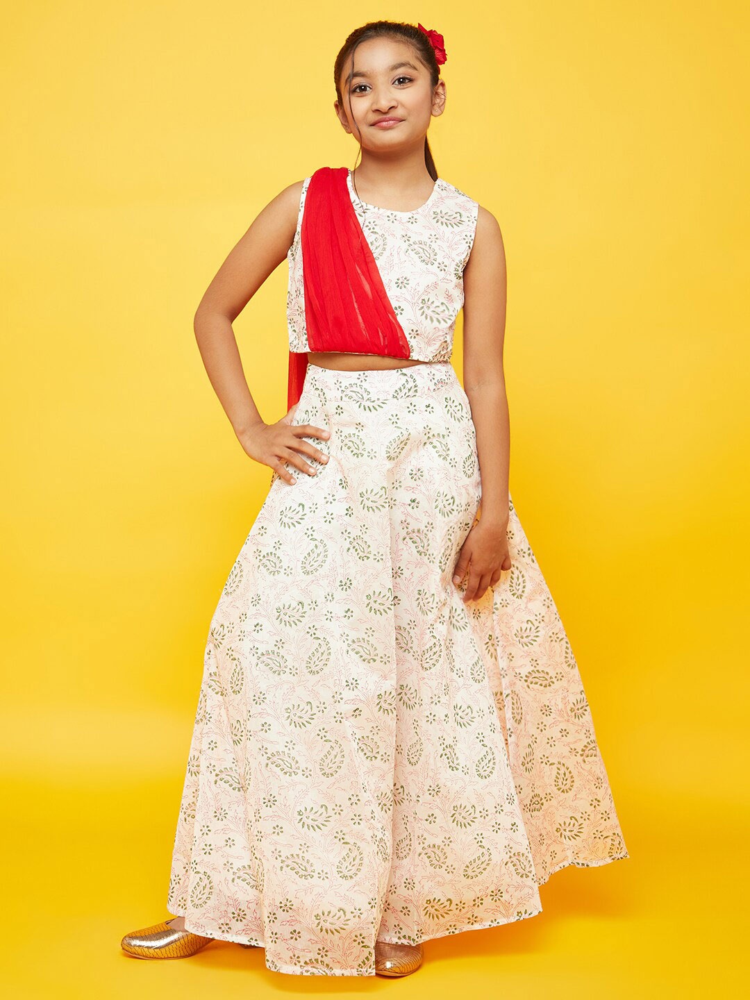 

Aks Kids Girls Printed Ready To Wear Lehenga & Blouse With Dupatta, White