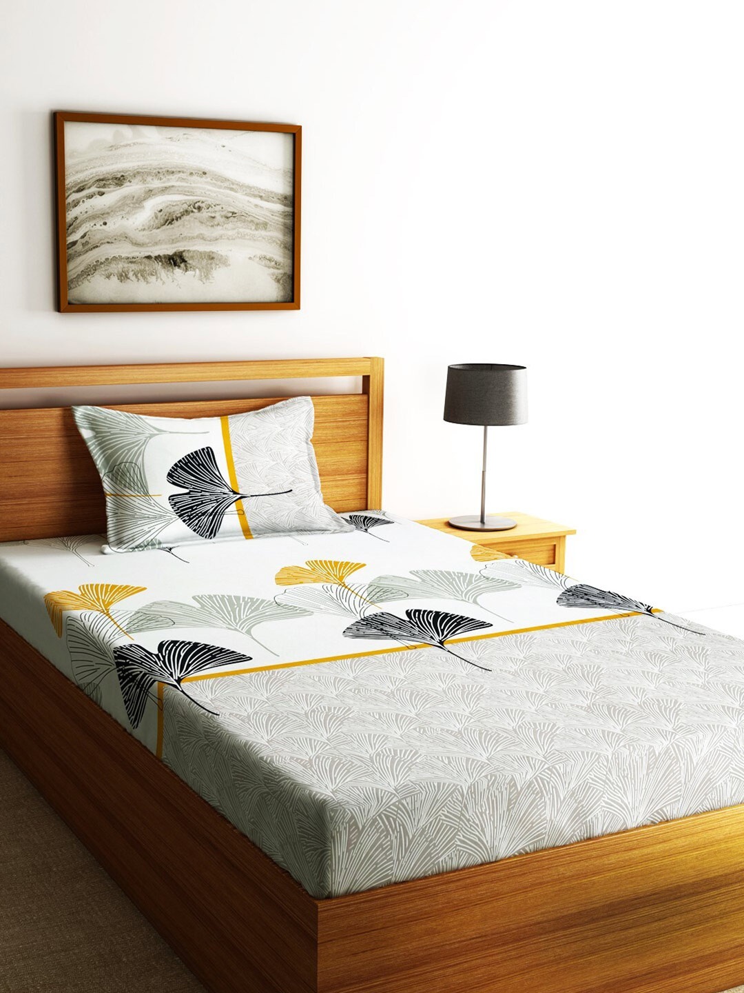 

Home Sizzler Off White & Grey Floral Cotton 210 TC Single Bedsheet with 2 Pillow Covers