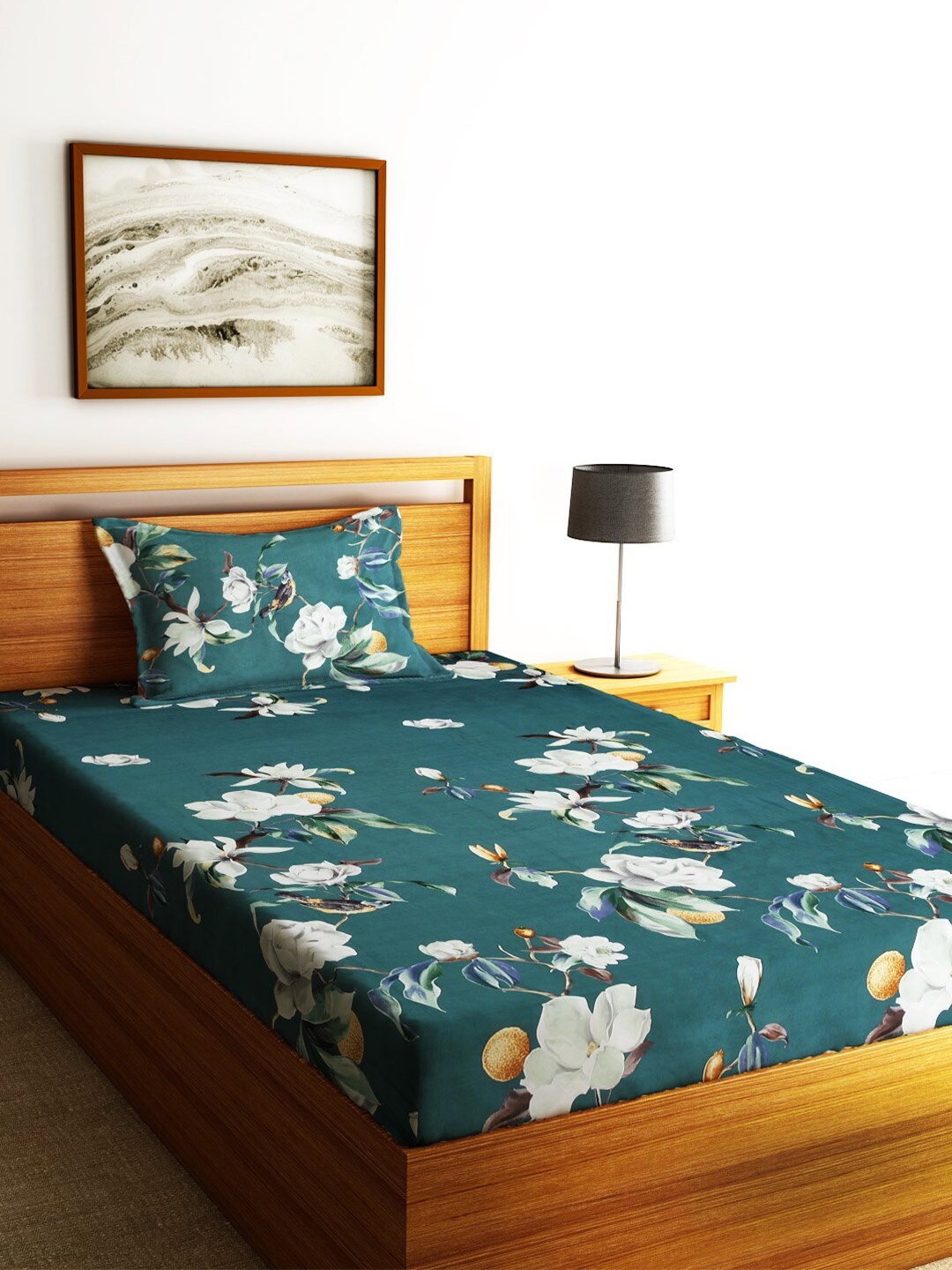 

Home Sizzler Green & White Floral Cotton 210 TC Single Bedsheet with 2 Pillow Covers