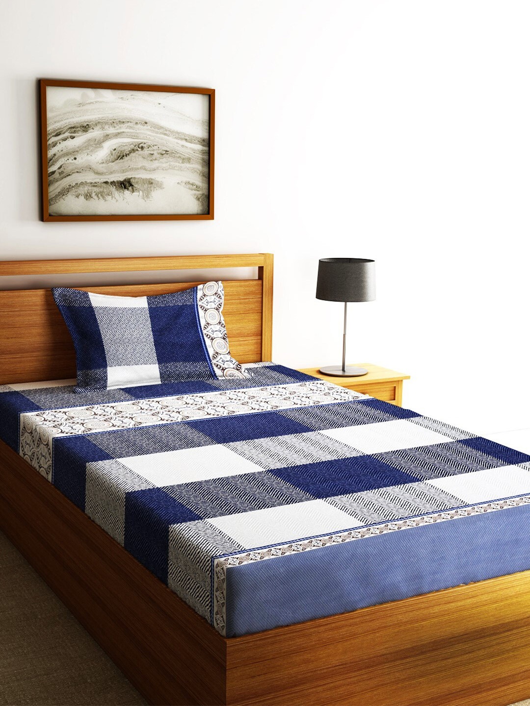 

Home Sizzler Blue & White Geometric Cotton 210TC Single 1 Bedsheet With 1 Pillow Cover