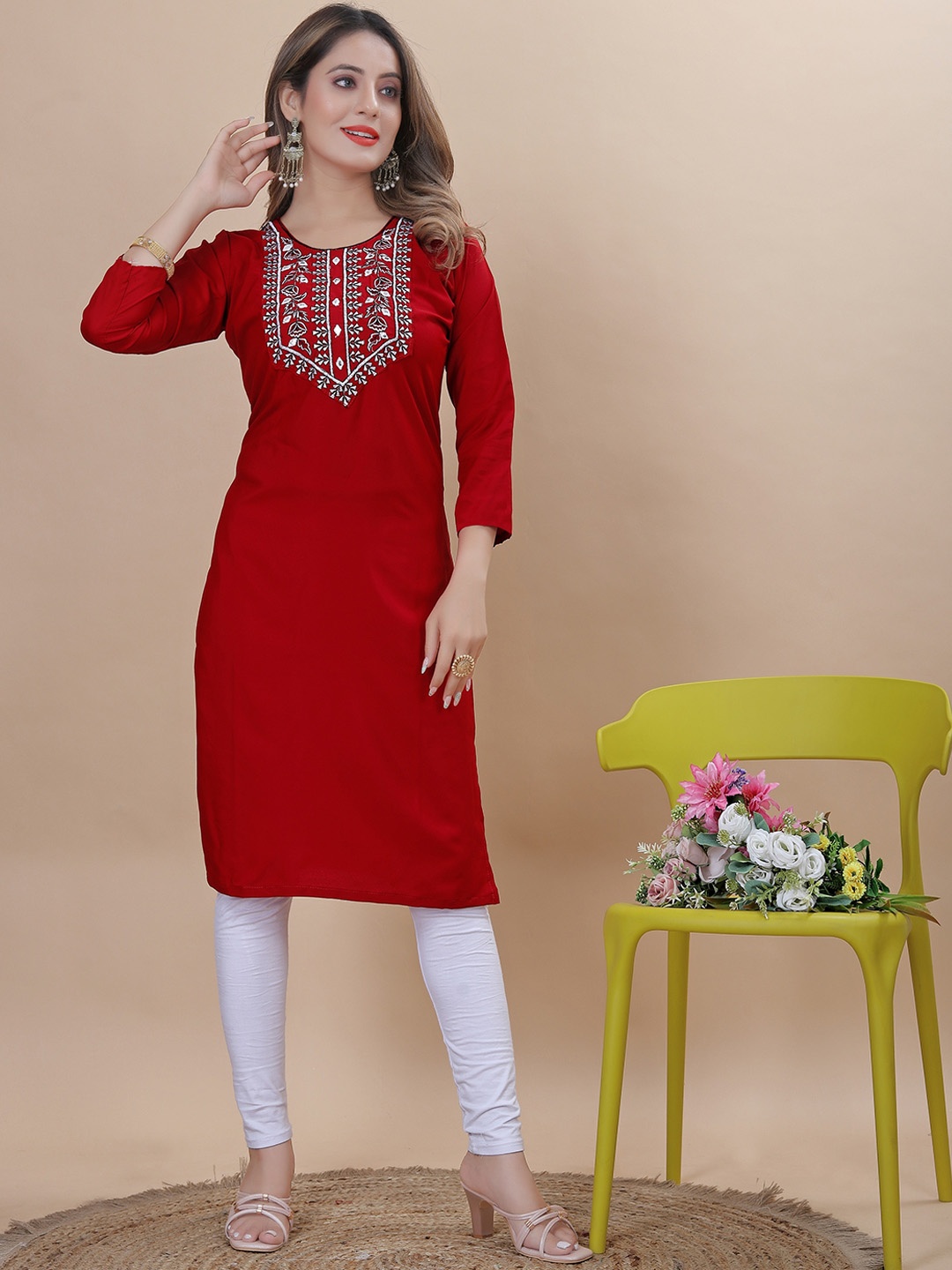 

KALINI Floral Embroidered Thread Work Crepe Kurta, Red