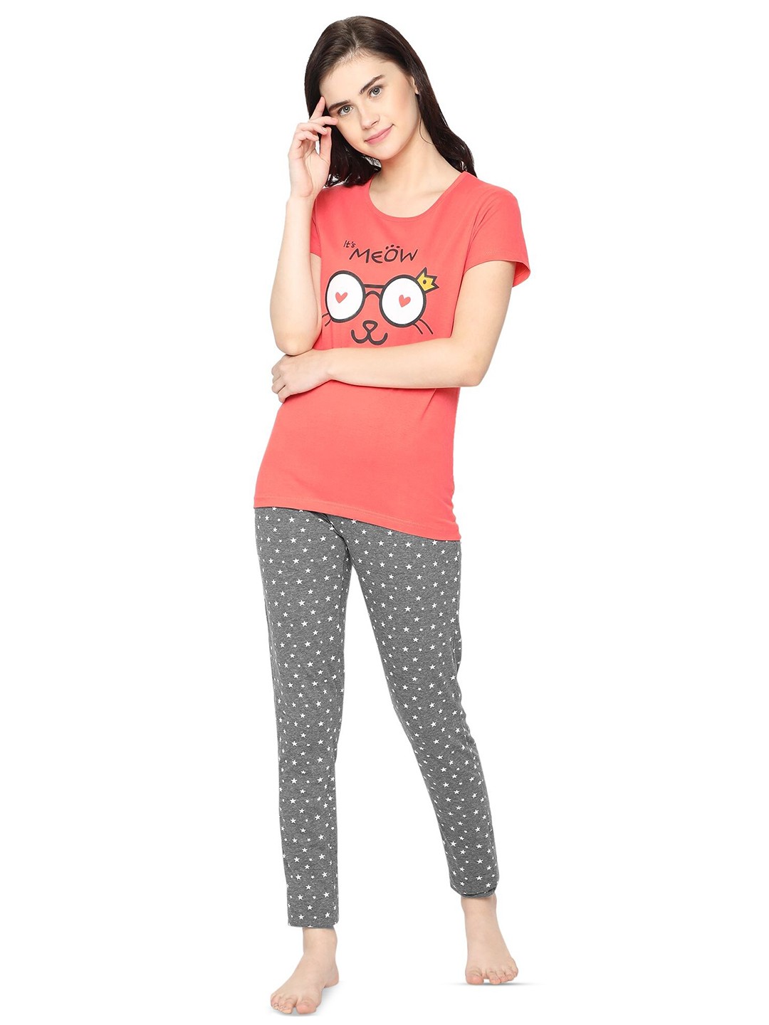

BAESD Girls Printed Pure Cotton T-shirt with Pyjama, Grey
