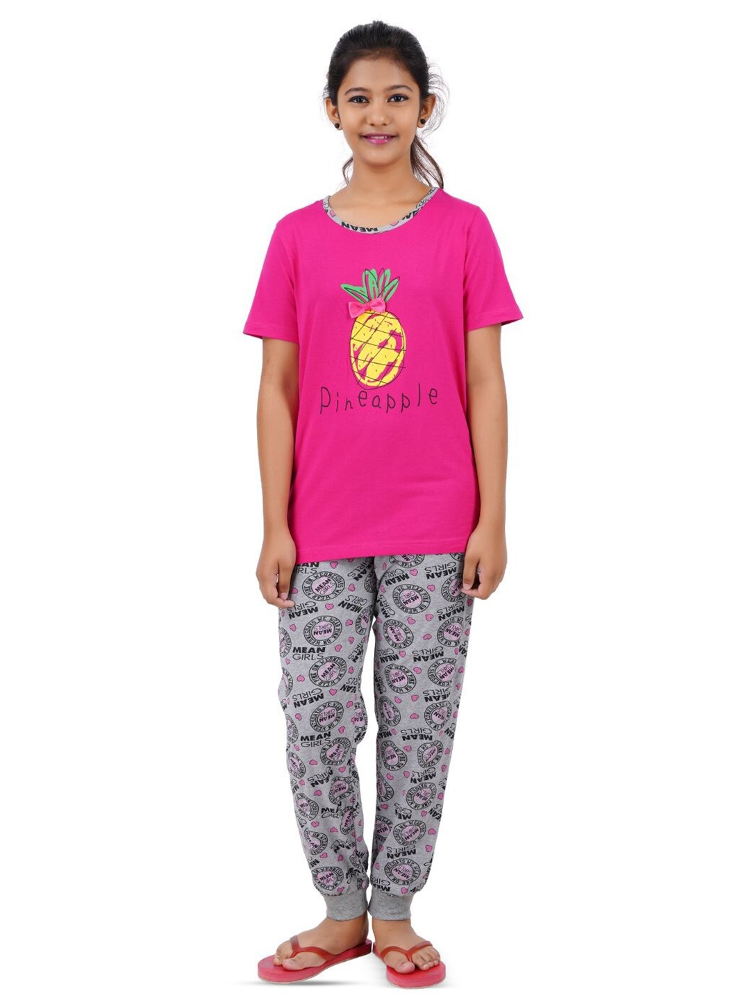 

BAESD Girls Printed Pure Cotton Night suit, Pink