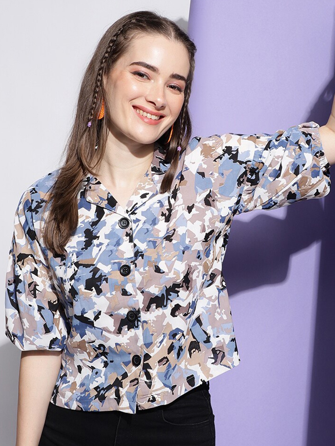 

J Turritopsis Abstract Printed Georgette Classic Oversized Casual Shirt, Blue