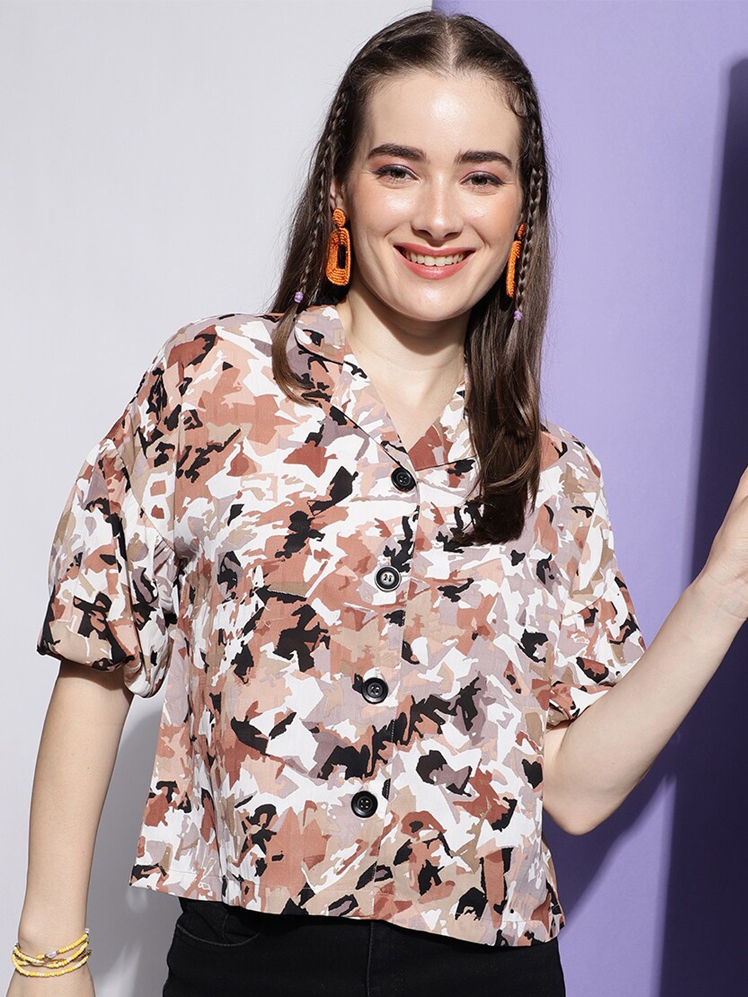 

J Turritopsis Abstract Printed Georgette Classic Casual Shirt, Brown